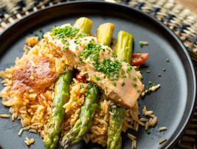 Spárgás-lazacos pirított rizs 